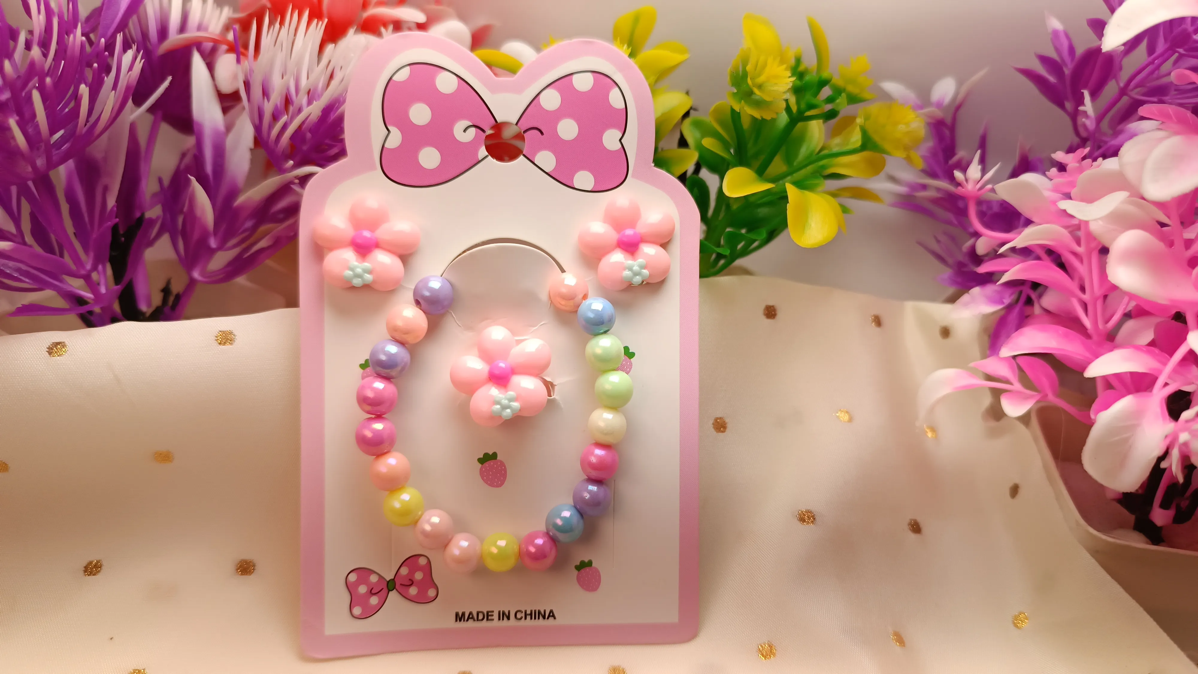Kids' 4-Piece Pastel Jewelry Set – Includes Stretch Bracelet, Adjustable Ring, and Clip-On Earrings